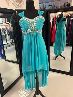 Deb Turquoise Beaded High-Low Evening Dress